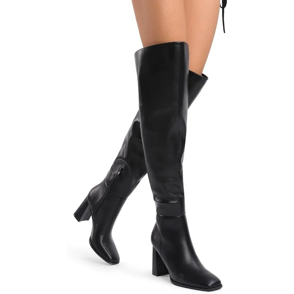 Women's Black Faux Leather Thigh High Block Chunky Heeled Knee High Long Boots